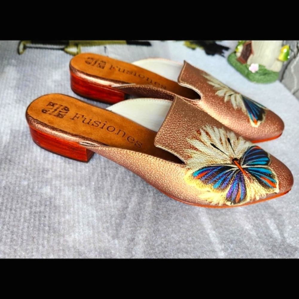 Gold Leather Mules with Embellished Design Handmade NEW